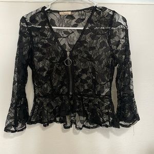 Lace Front Zipper Black Top